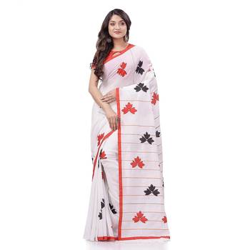 Women`S Bengali Khesh Pure Cotton Handloom Saree Tri Flower Designed With Blouse Piece (White Red Black) 2