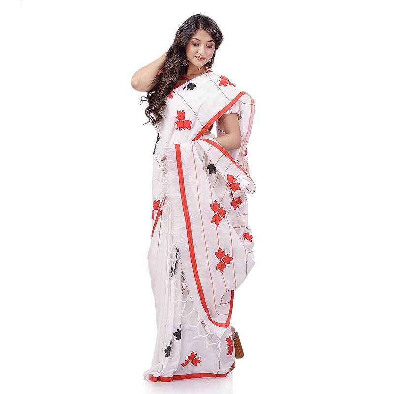 Women`S Bengali Khesh Pure Cotton Handloom Saree Tri Flower Designed With Blouse Piece (White Red Black)