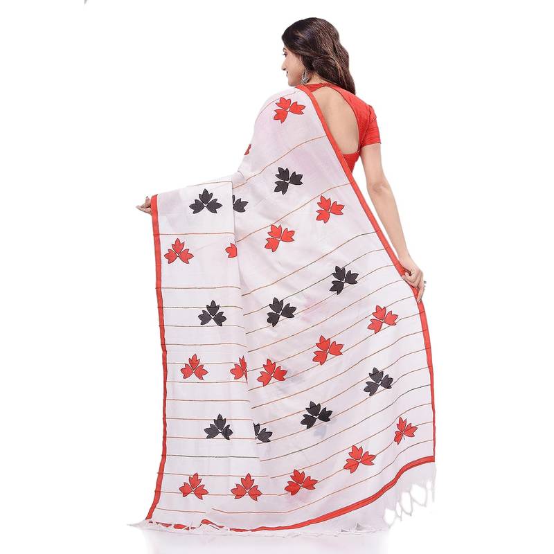 Women`S Bengali Khesh Pure Cotton Handloom Saree Tri Flower Designed With Blouse Piece (White Red Black)