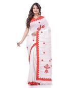 Women`S Bengali Khesh Pure Cotton Handloom Saree Trinayani Durga Designed With Blouse Piece (White Red)