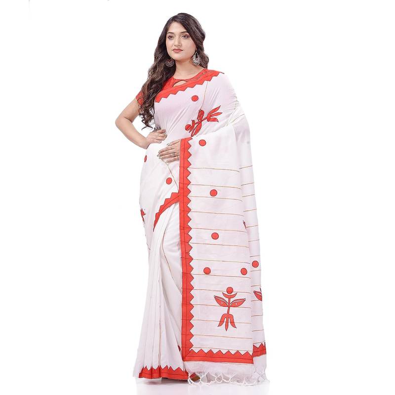 Women`S Bengali Khesh Pure Cotton Handloom Saree Trinayani Durga Designed With Blouse Piece (White Red)