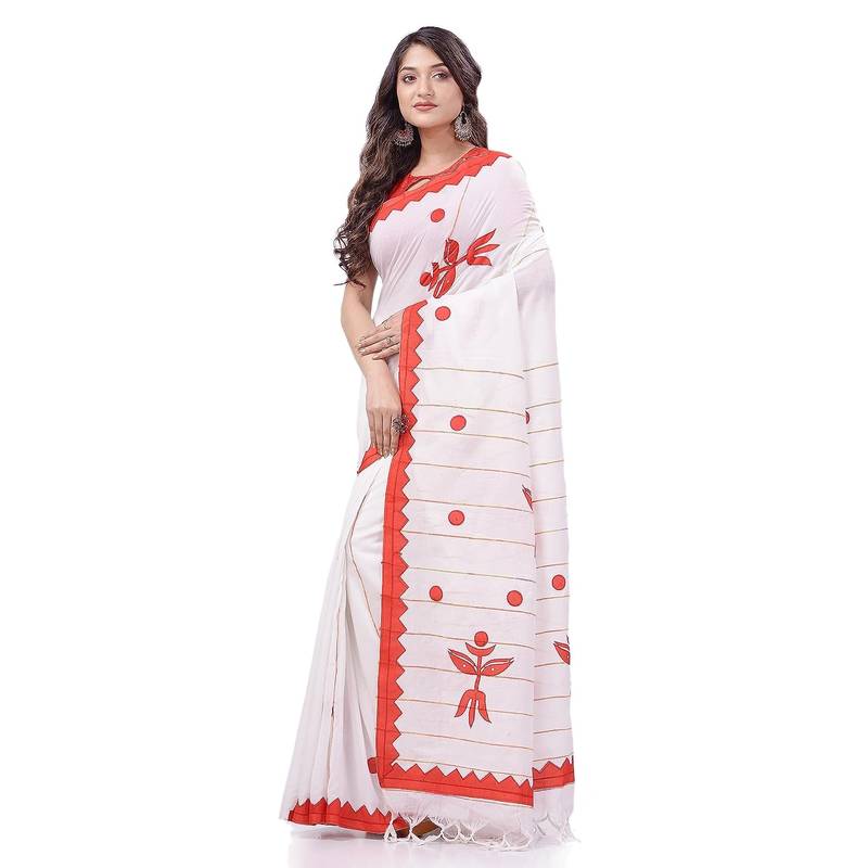 Women`S Bengali Khesh Pure Cotton Handloom Saree Trinayani Durga Designed With Blouse Piece (White Red)