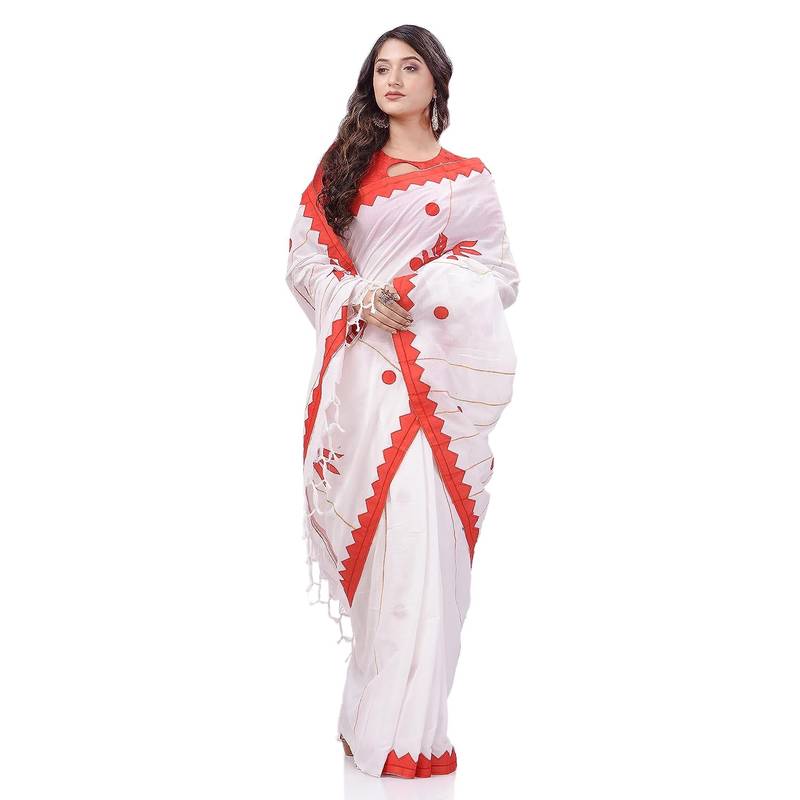 Women`S Bengali Khesh Pure Cotton Handloom Saree Trinayani Durga Designed With Blouse Piece (White Red)