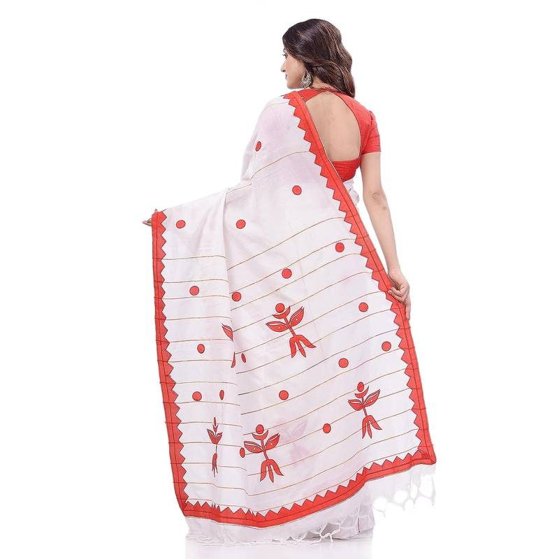 Women`S Bengali Khesh Pure Cotton Handloom Saree Trinayani Durga Designed With Blouse Piece (White Red)
