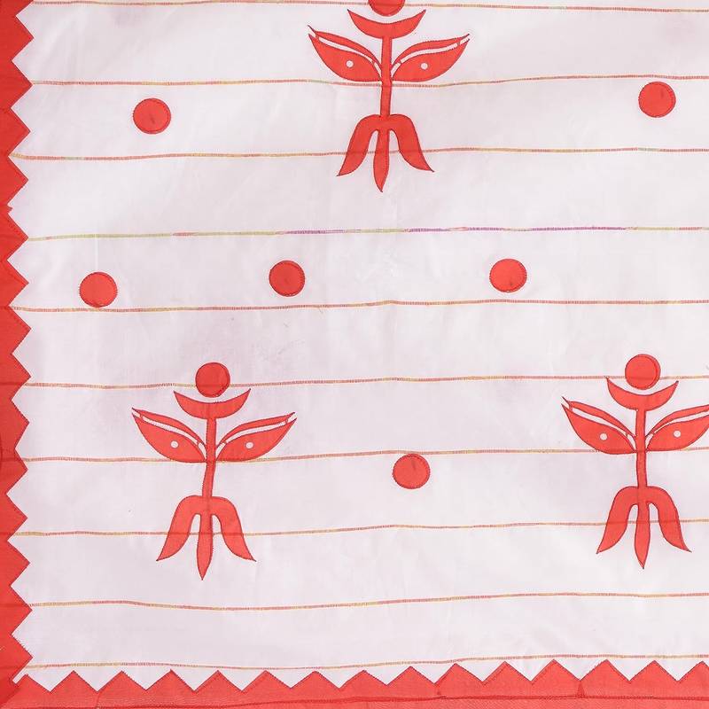 Women`S Bengali Khesh Pure Cotton Handloom Saree Trinayani Durga Designed With Blouse Piece (White Red)