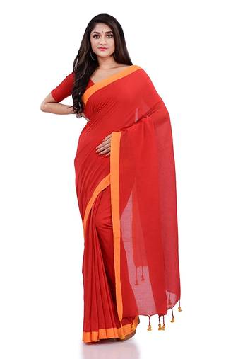 Red Handspun Cotton Handloom Saree