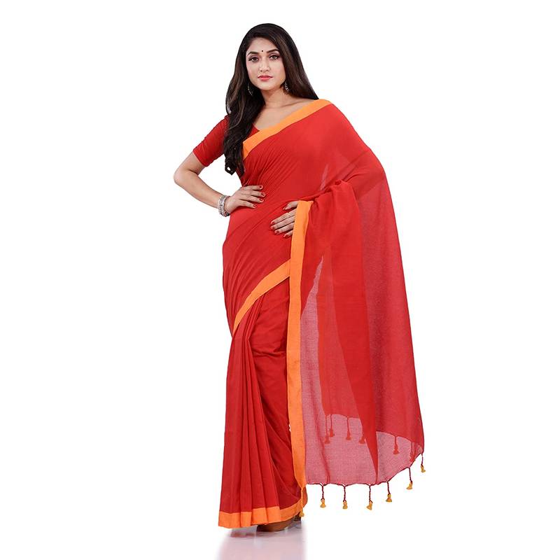 Red Handspun Cotton Handloom Saree