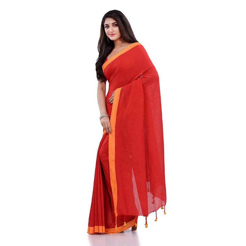 Red Handspun Cotton Handloom Saree