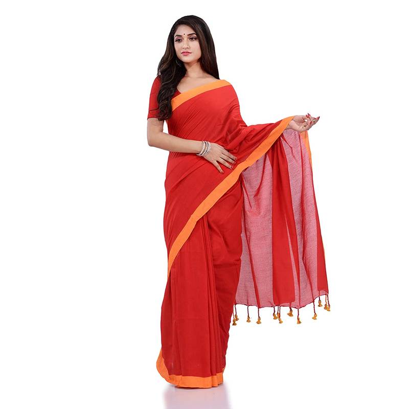 Red Handspun Cotton Handloom Saree