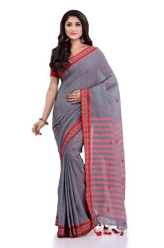 Grey Handspun Cotton Tangail Saree