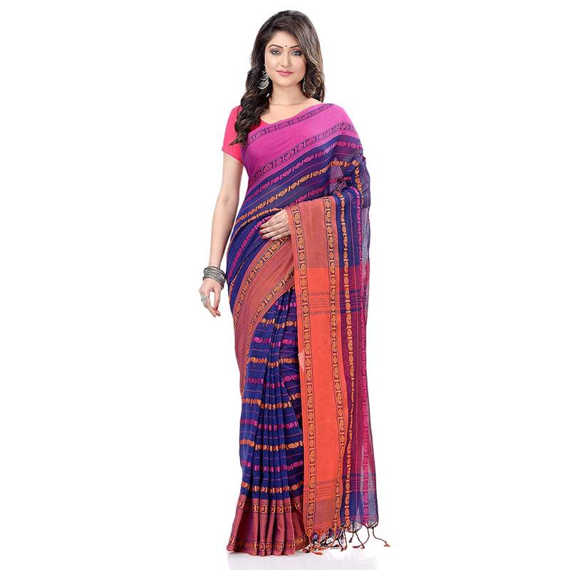 Handwoven Blue Dhaniakhali Pure Cotton Saree