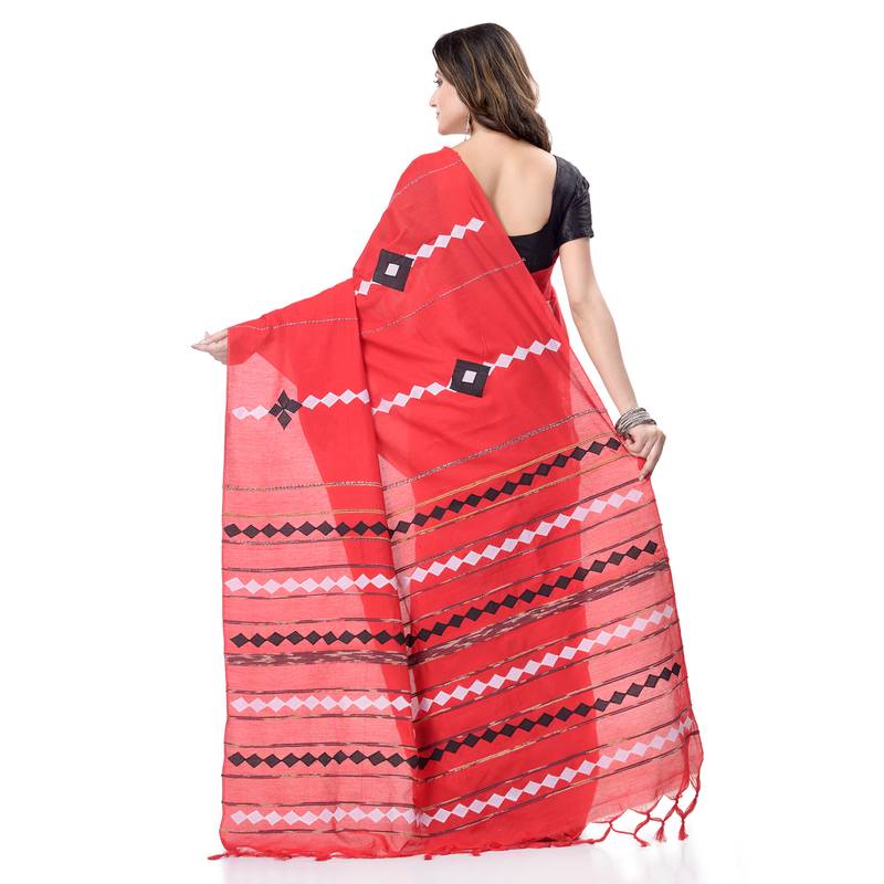handspun cotton red handloom women applique saree
