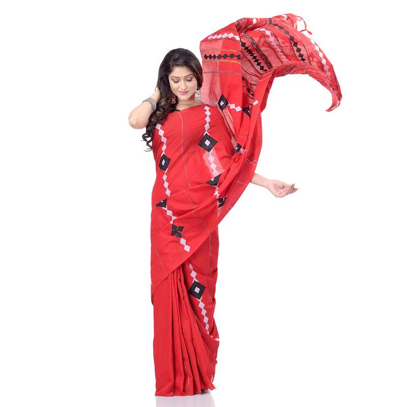 handspun cotton red handloom women applique saree