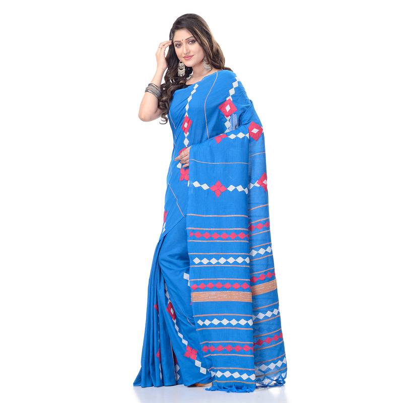 handspun cotton sky blue handloom women applique saree