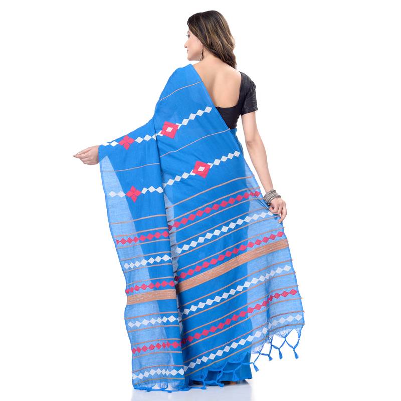 handspun cotton sky blue handloom women applique saree