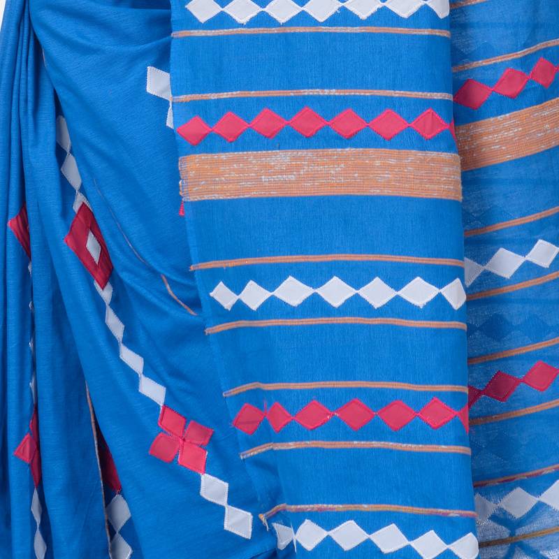 handspun cotton sky blue handloom women applique saree