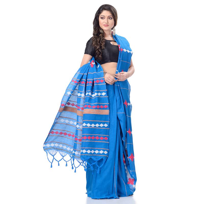 handspun cotton sky blue handloom women applique saree