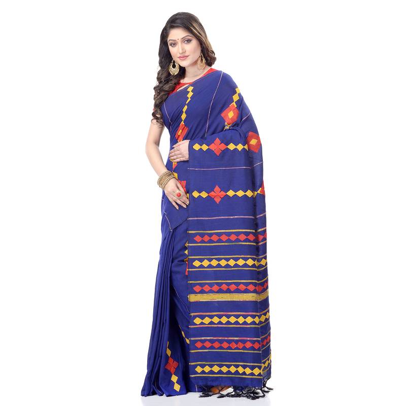 handspun cotton royel blue handloom women applique saree