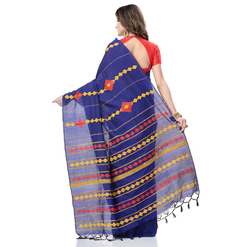 handspun cotton royel blue handloom women applique saree