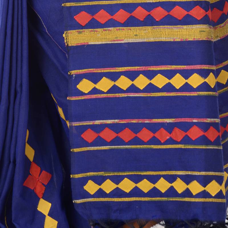 handspun cotton royel blue handloom women applique saree
