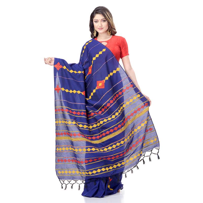handspun cotton royel blue handloom women applique saree