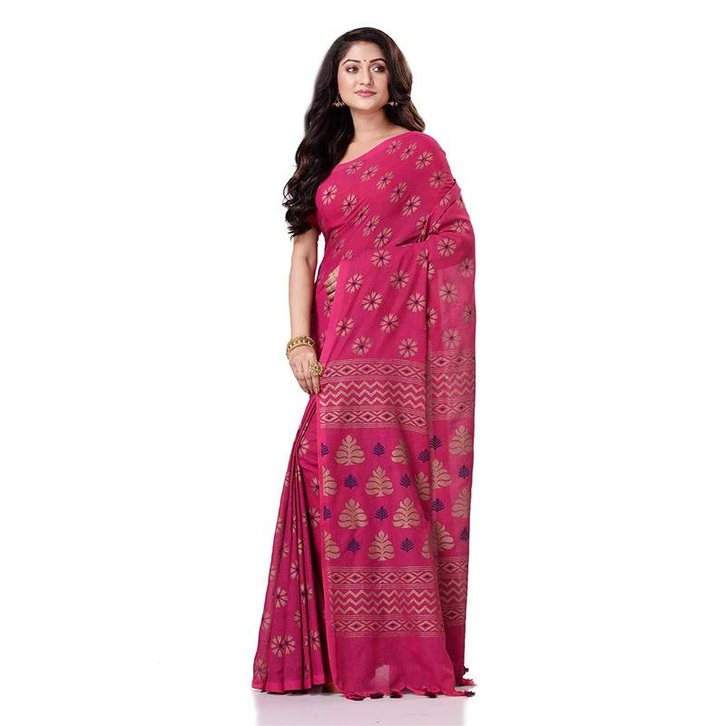handspun cotton pink handloom print saree
