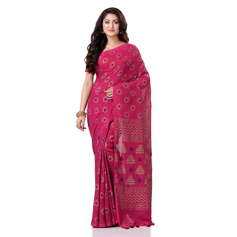 handspun cotton pink handloom print saree