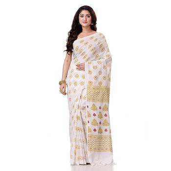 handspun cotton white handloom print saree 1