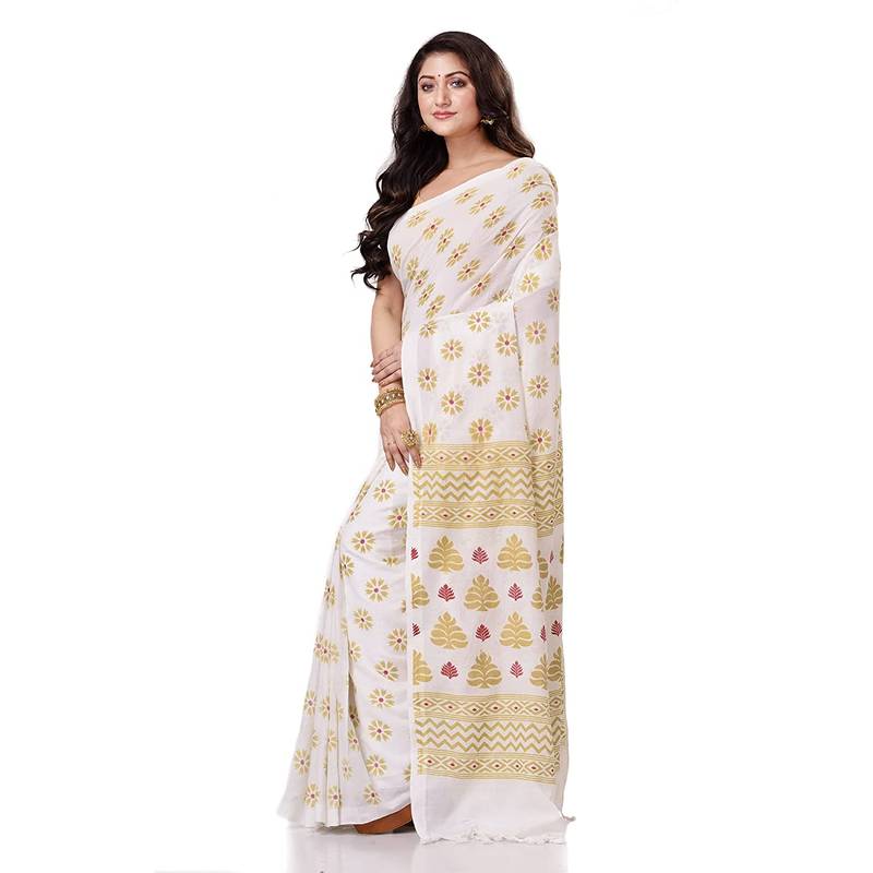 handspun cotton white handloom print saree