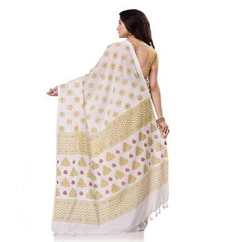 handspun cotton white handloom print saree 5