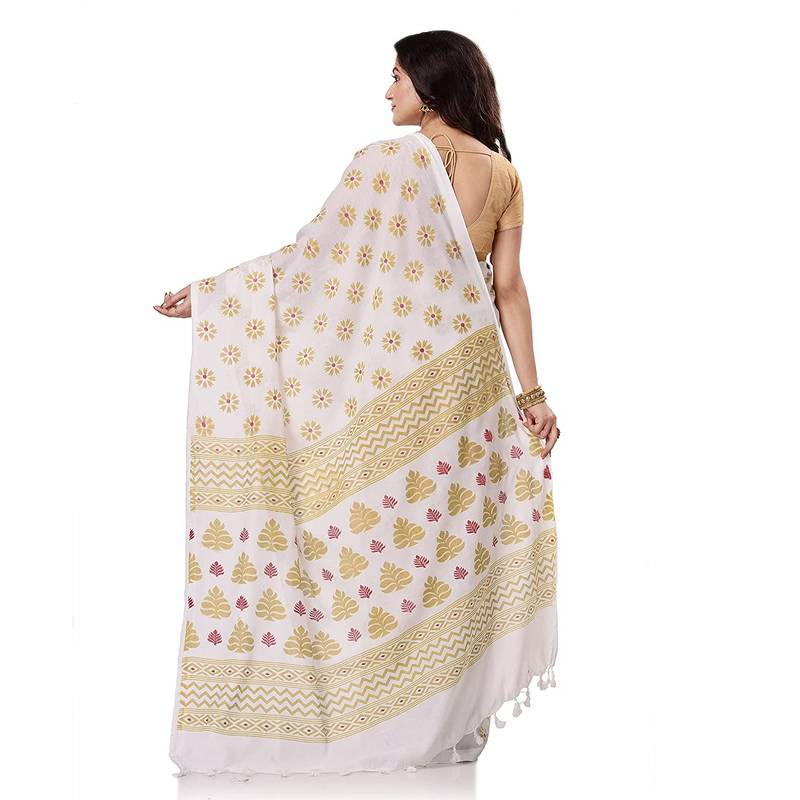 handspun cotton white handloom print saree