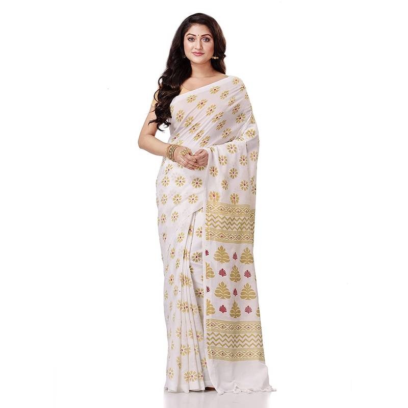 handspun cotton white handloom print saree