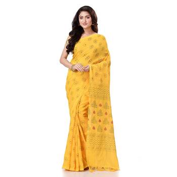handspun cotton yellow handloom print saree 1
