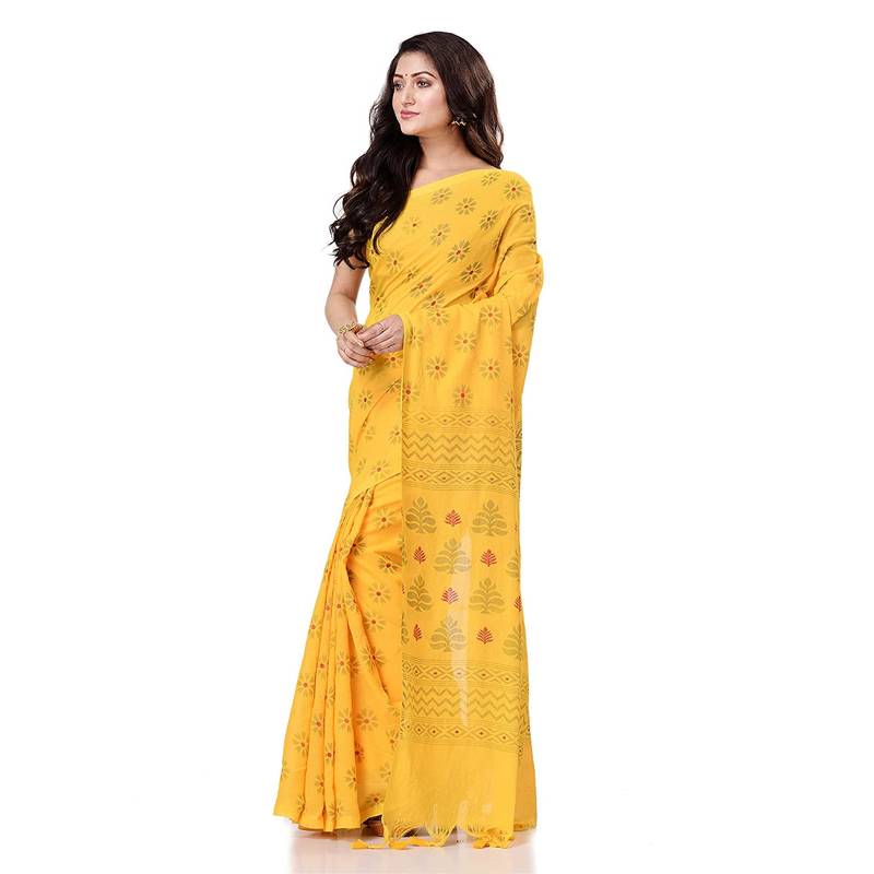 handspun cotton yellow handloom print saree
