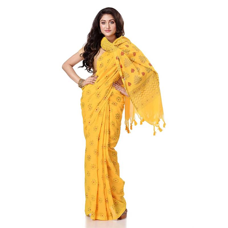 handspun cotton yellow handloom print saree