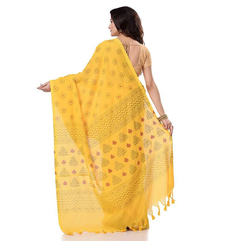 handspun cotton yellow handloom print saree