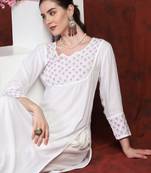 SHADES white cotton kurti with lavender chikankari embroidery