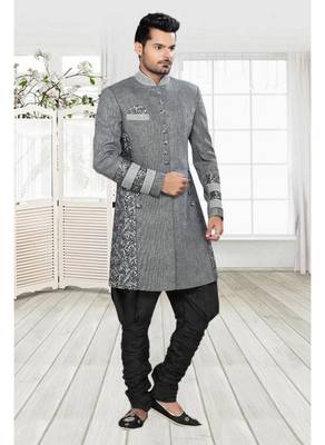 Grey Plain Linen Stitched Sherwani 2