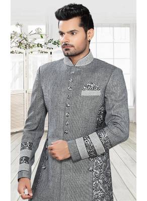 Grey Plain Linen Stitched Sherwani 3