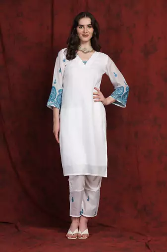SHADES white kota suit set with blue embroidery