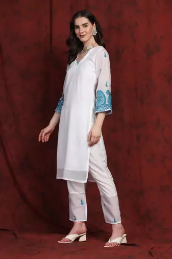 SHADES white kota suit set with blue embroidery