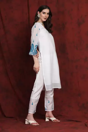 SHADES white kota suit set with blue embroidery