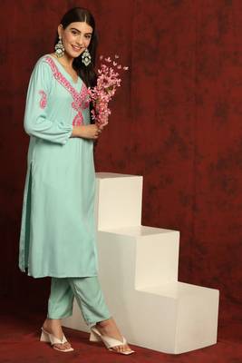 SHADES Chikankari green cotton suit set 1