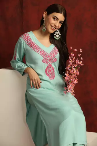 SHADES Chikankari green cotton suit set