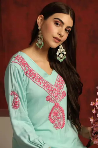 SHADES Chikankari green cotton suit set