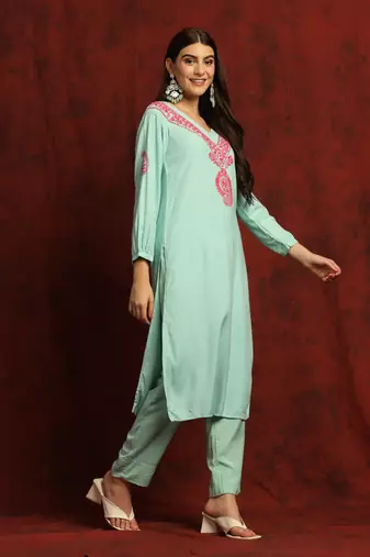 SHADES Chikankari green cotton suit set
