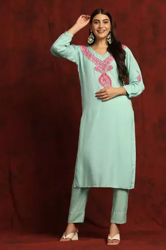 SHADES Chikankari green cotton suit set