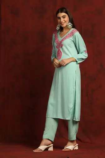 SHADES Chikankari green cotton suit set