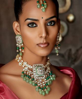 Polki & green jade tumbles bridal necklace set 1