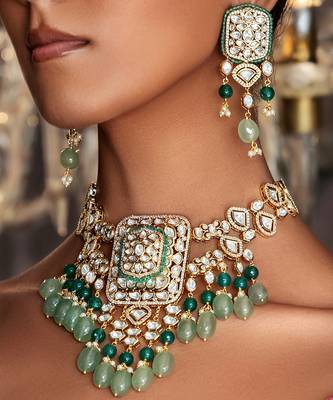 Polki & green jade tumbles bridal necklace set 2